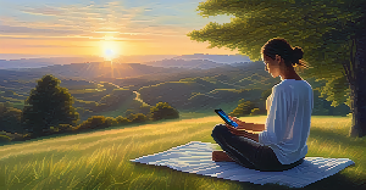 A person meditating in a grassy field with a smartphone showing a meditation app beside them, set against a golden sunset.