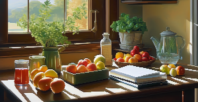 A bright kitchen with a wooden table filled with fresh fruits and vegetables, a potted herb, and a glass of water under soft sunlight.