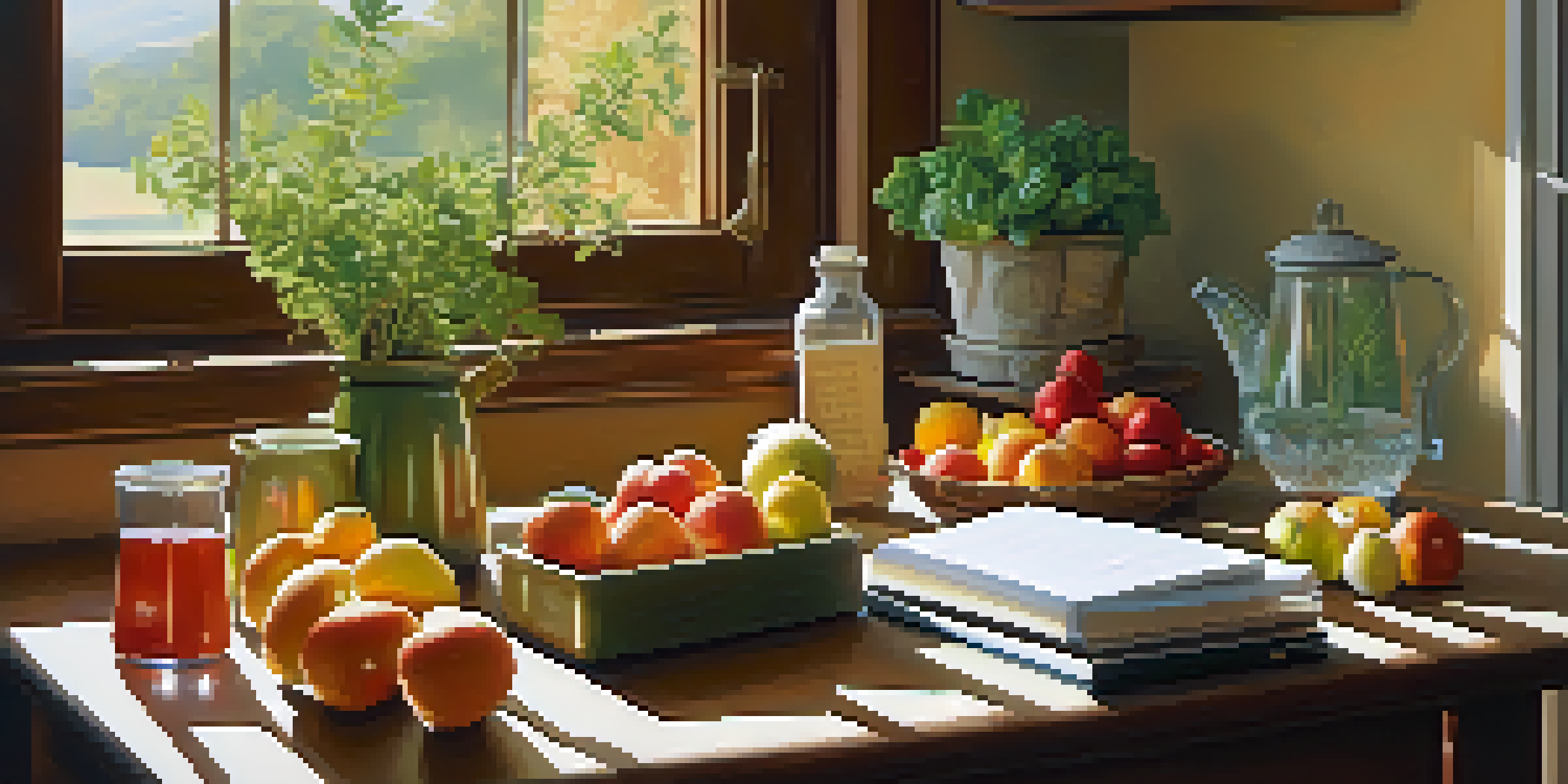 A bright kitchen with a wooden table filled with fresh fruits and vegetables, a potted herb, and a glass of water under soft sunlight.