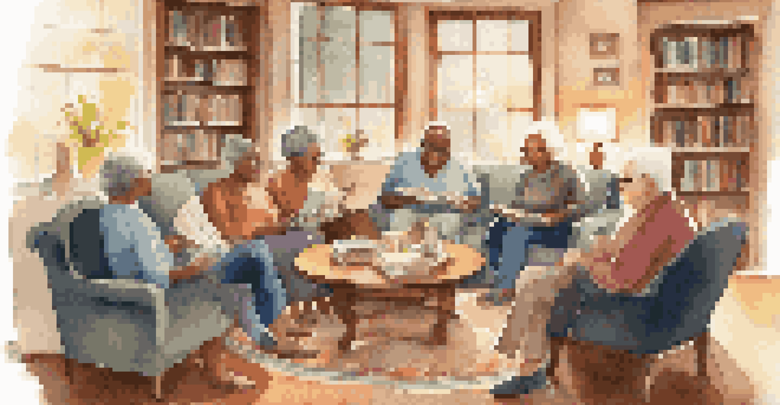 A warm book club gathering of older adults sharing stories in a cozy home setting.