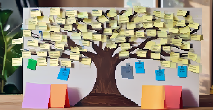 A family tree diagram displaying health conditions, with colorful sticky notes on a wooden table surrounded by a potted plant.