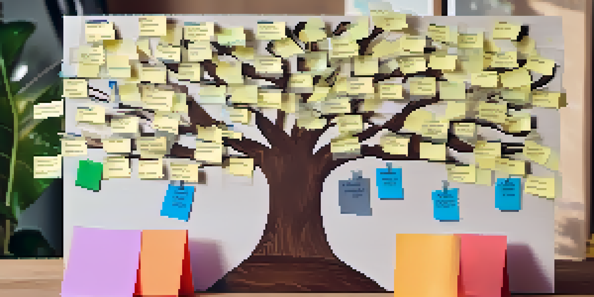 A family tree diagram displaying health conditions, with colorful sticky notes on a wooden table surrounded by a potted plant.
