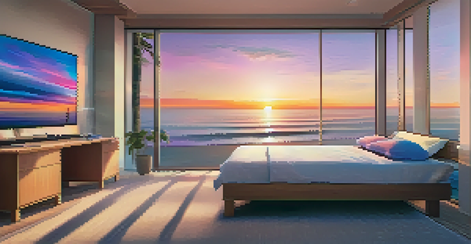 A patient in a hospital room wearing a VR headset, surrounded by a beautiful virtual beach at sunset.