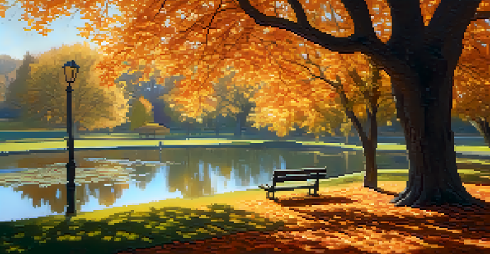 A peaceful autumn park with colorful leaves, a wooden bench, and a pond with ducks, illuminated by soft sunlight.