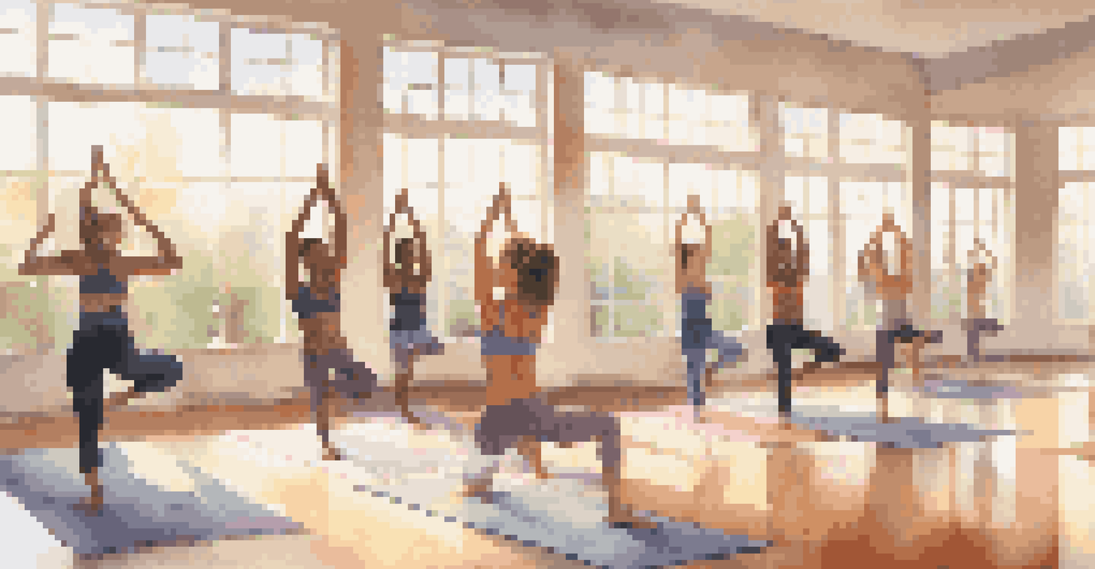 A diverse group of people practicing yoga in a bright studio, with natural light and a view of nature outside.
