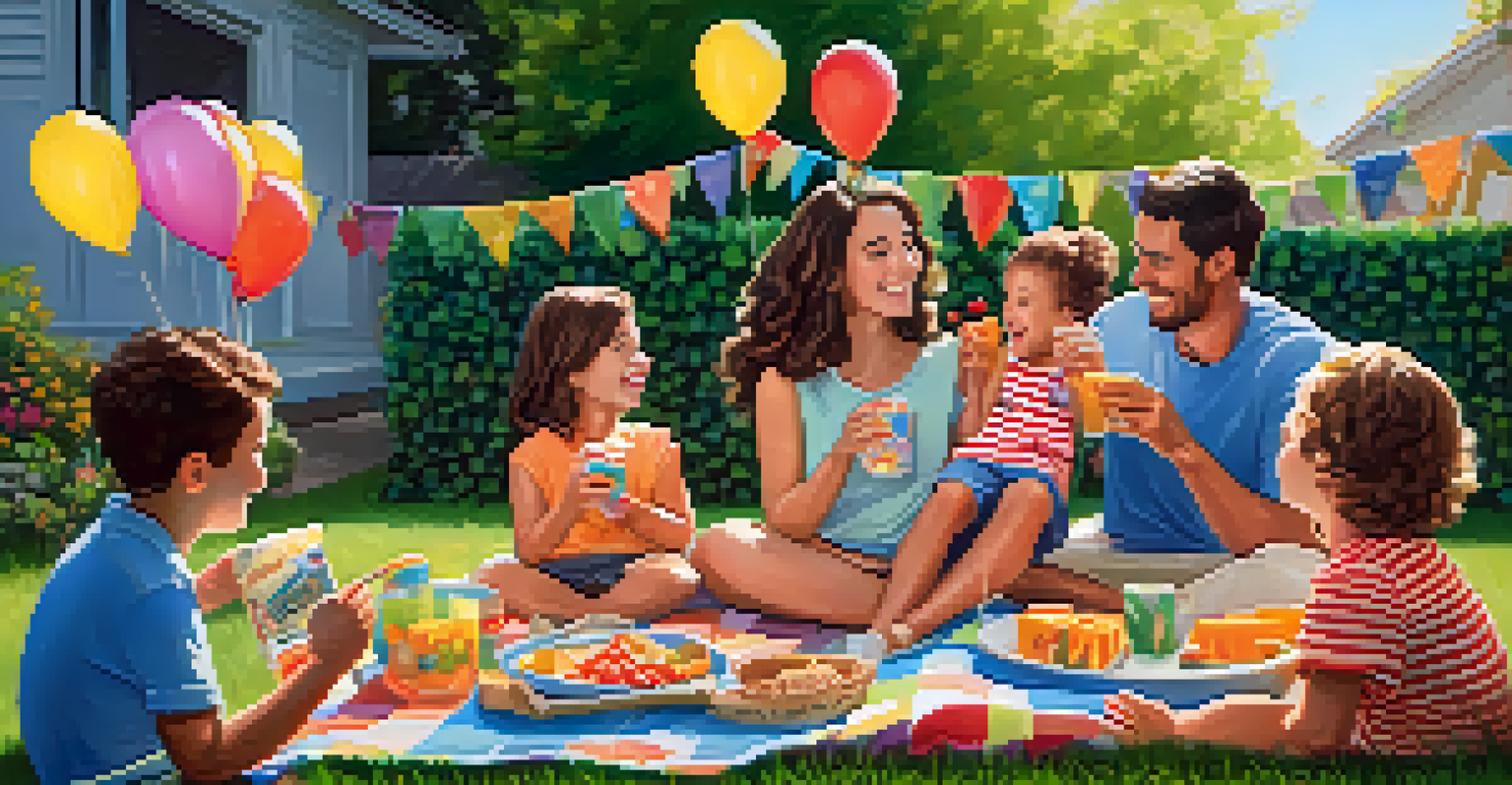 A family celebrating a sleep success milestone with a cheerful picnic in the backyard.
