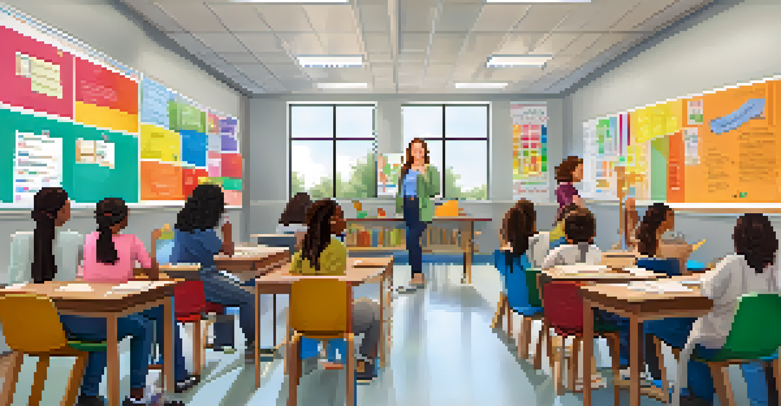 A classroom with a teacher leading an interactive workshop on mental health, with students actively participating and colorful posters on the walls.