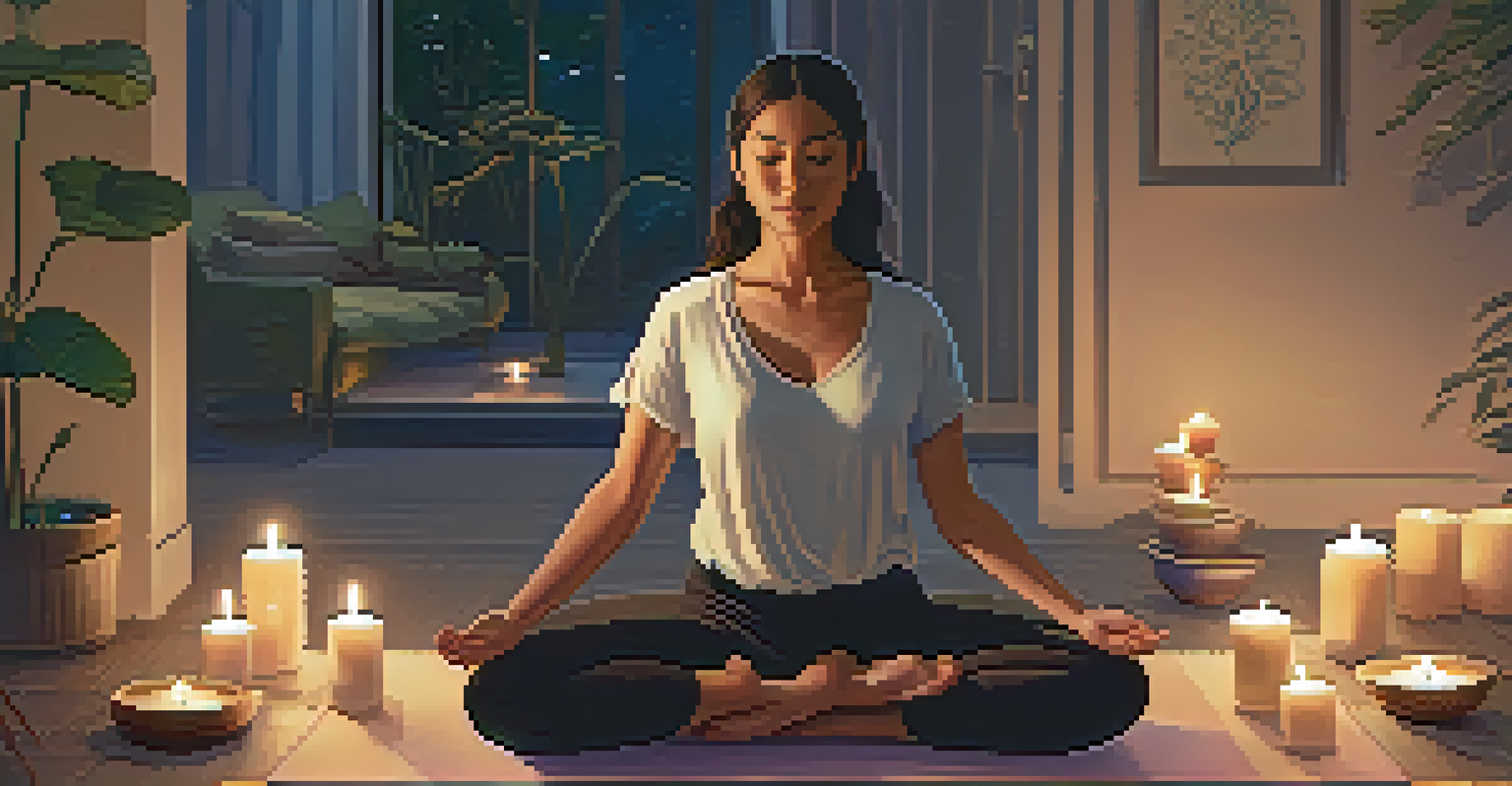 A person meditating in a tranquil room, surrounded by candles, promoting sleep hygiene and self-care.