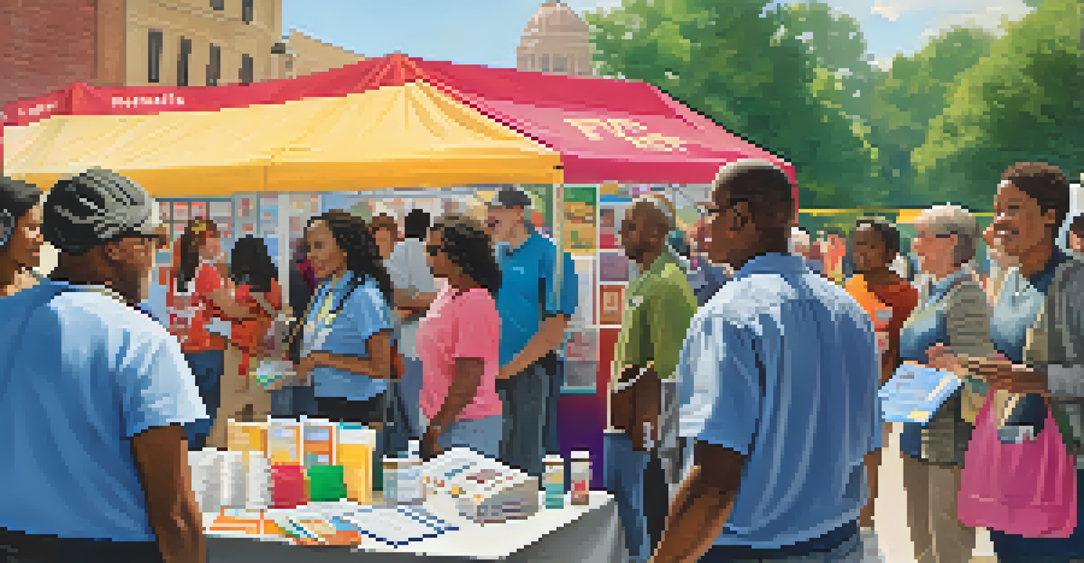 A community health fair with people engaging around health literacy booths.