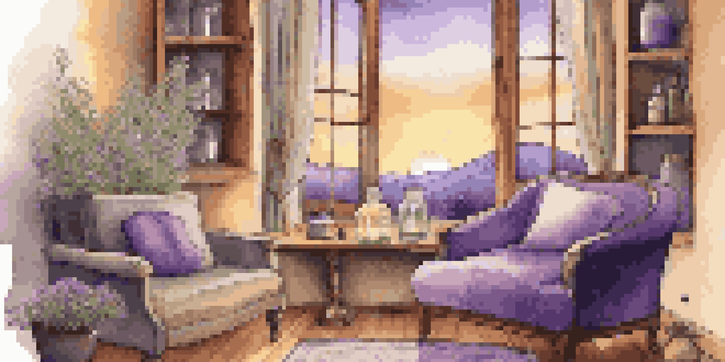 A cozy corner in a home with a diffuser, candles, and lavender flowers, creating a serene atmosphere.