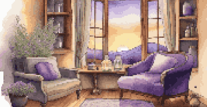 A cozy corner in a home with a diffuser, candles, and lavender flowers, creating a serene atmosphere.