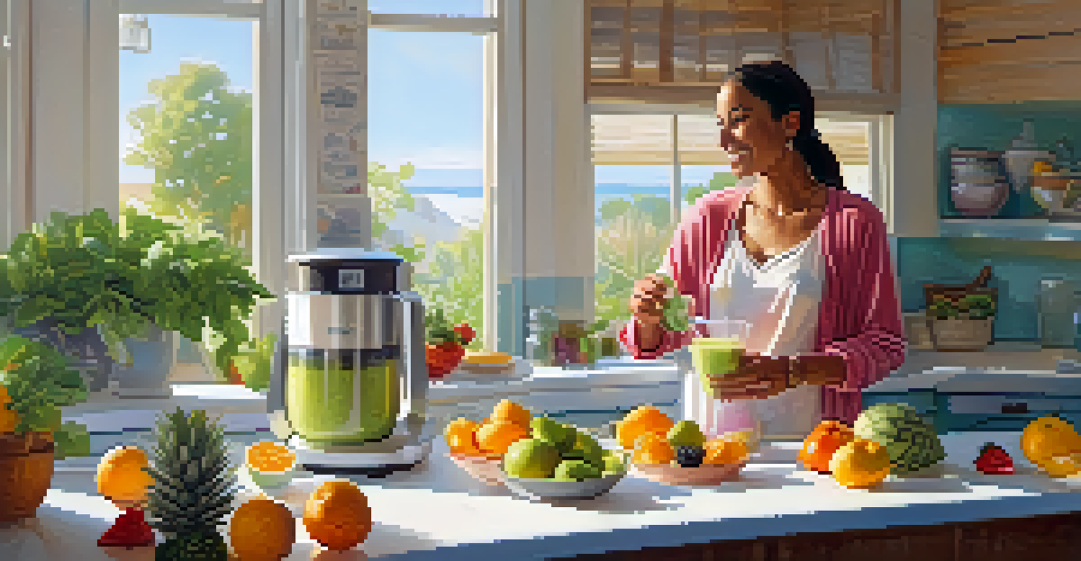 A person blending a smoothie in a bright kitchen, with ingredients like yogurt and fresh fruits on the countertop.