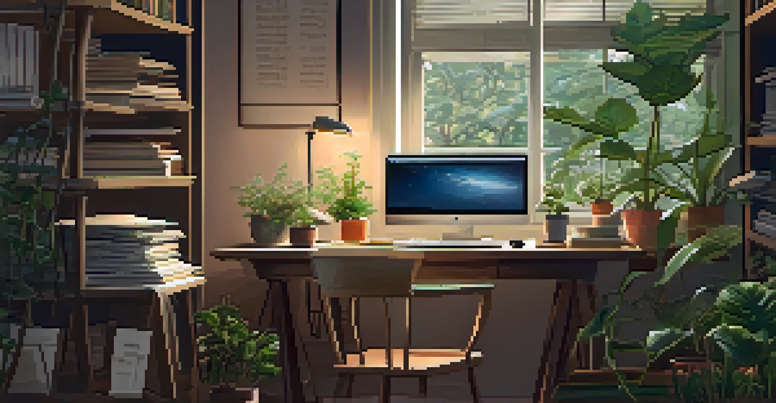 A cozy study area with a person working at a wooden desk, surrounded by plants and music sheets, illuminated by soft lamp light.