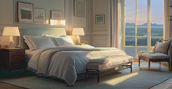 A calming bedroom scene with a plush bed, soft linens, a bedside table with a lamp, and a window showing twilight, promoting a peaceful sleep environment.