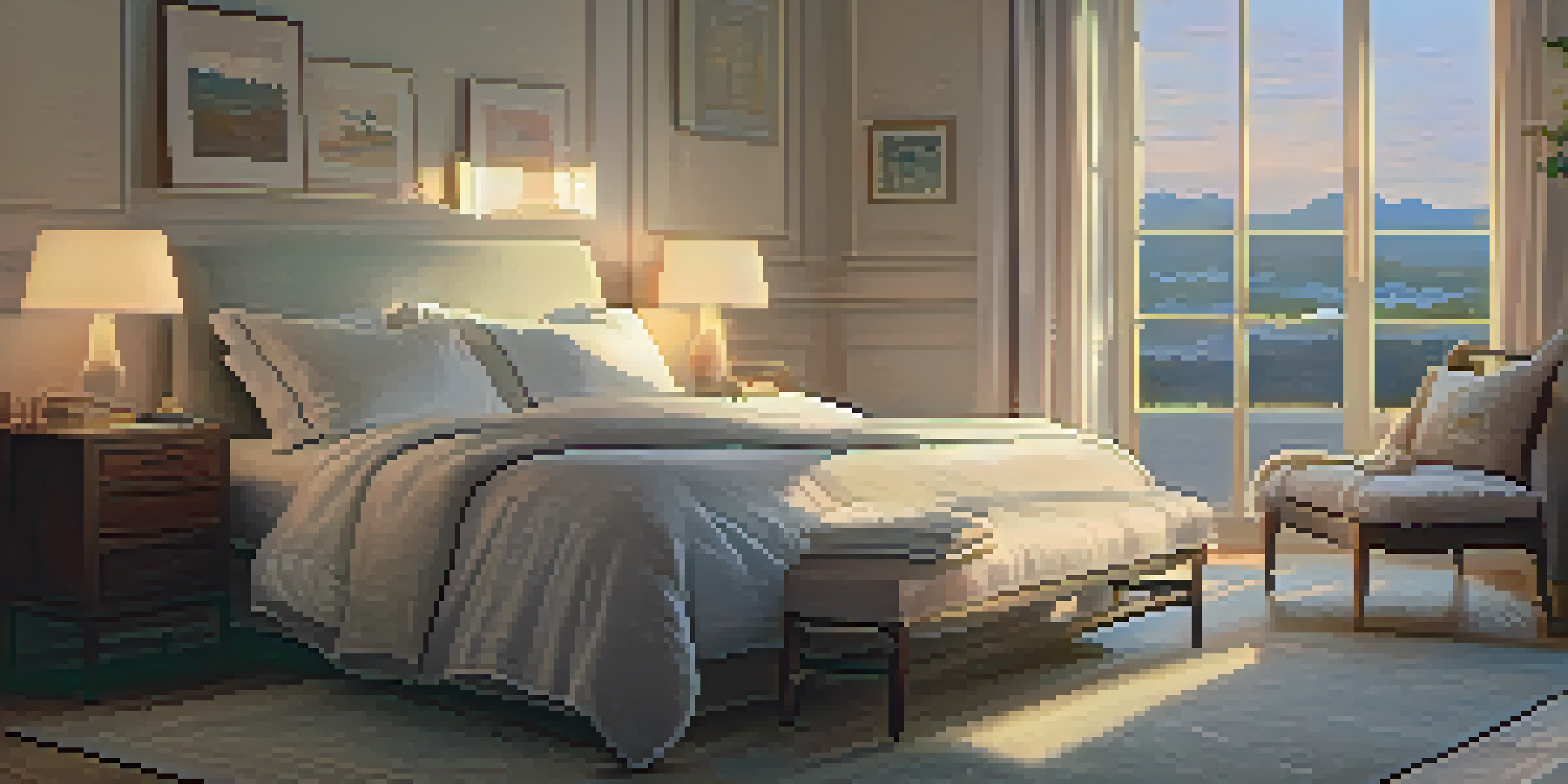 A calming bedroom scene with a plush bed, soft linens, a bedside table with a lamp, and a window showing twilight, promoting a peaceful sleep environment.