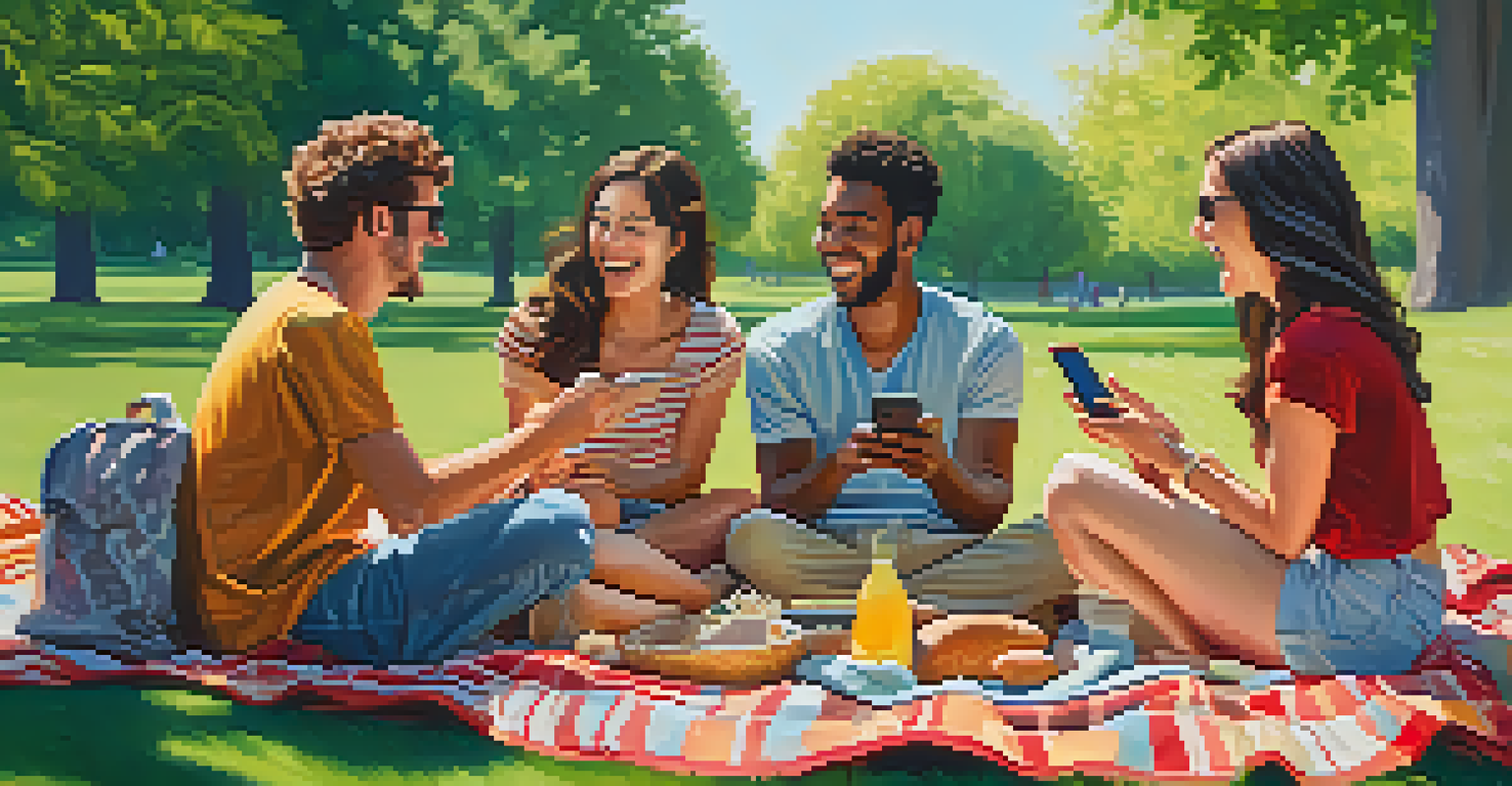 A group of friends having a picnic in a sunny park, laughing and enjoying each other's company.