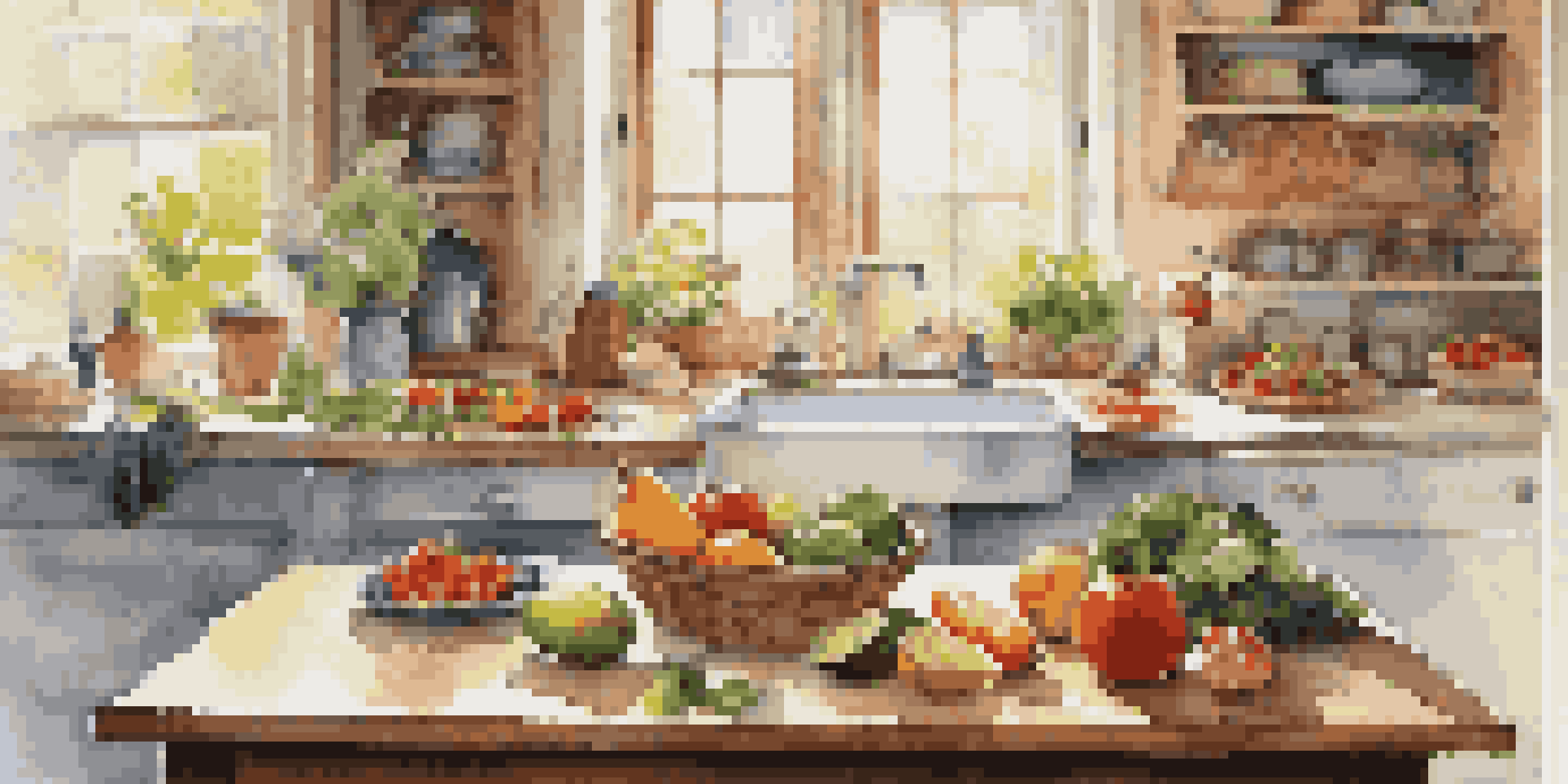 A cozy kitchen with a wooden table displaying a variety of colorful fruits, vegetables, and healthy foods under soft natural light.