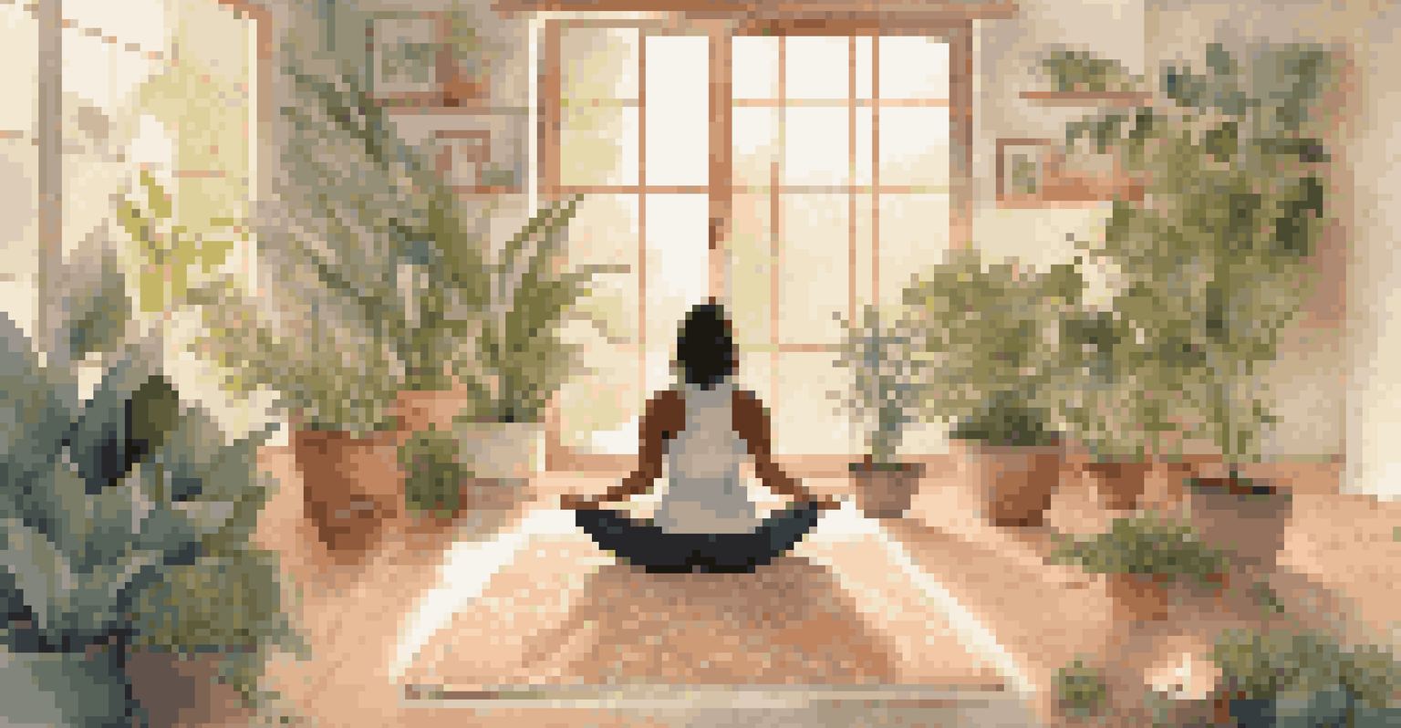 An individual meditating on a yoga mat in a softly lit and plant-filled room, surrounded by candles and a small fountain, evoking a sense of peace.
