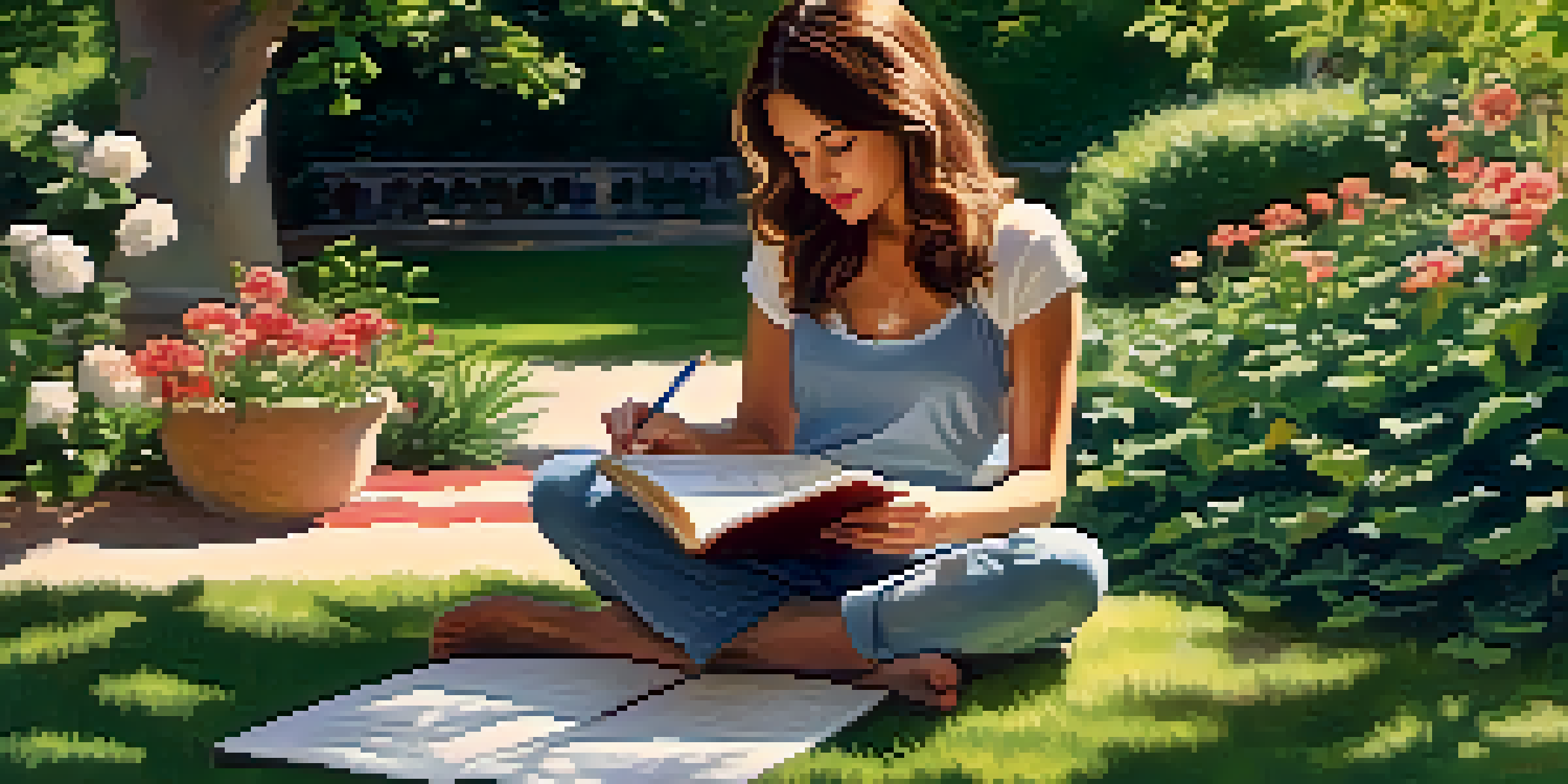 A woman in a garden writing in a journal about her menstrual cycle, with colorful flowers and green plants around her.