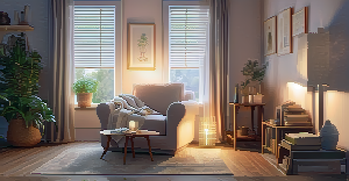 A warm and inviting living room with a comfortable armchair, a cup of tea, books, and soft lighting, creating a calming evening environment.