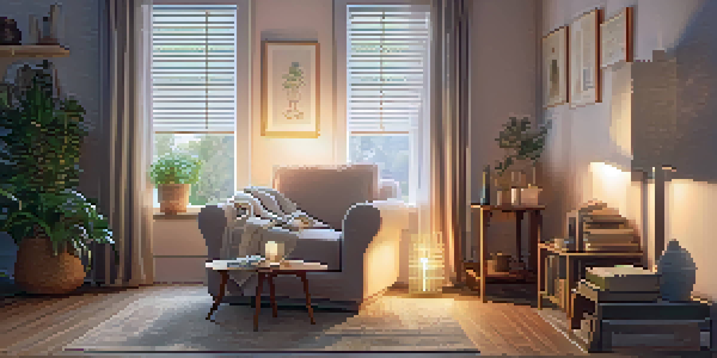 A warm and inviting living room with a comfortable armchair, a cup of tea, books, and soft lighting, creating a calming evening environment.