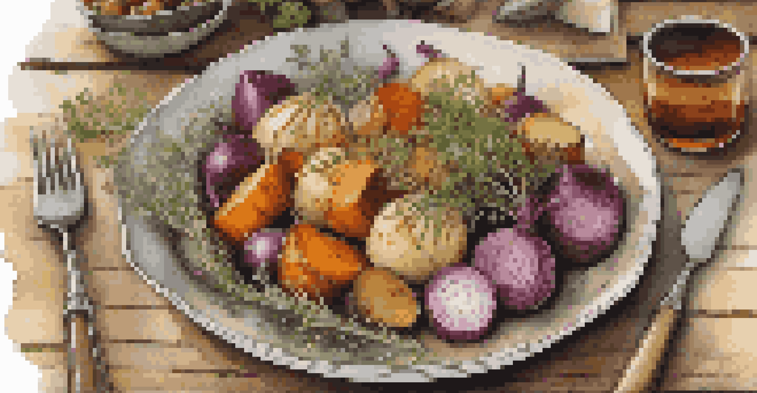 A plate of roasted root vegetables presented elegantly with herbs.