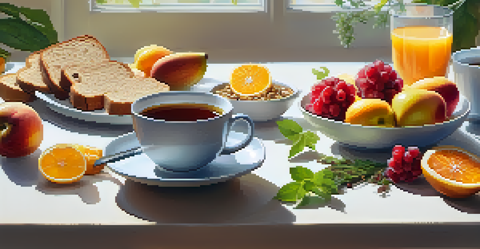 A vibrant breakfast spread with fruits, toast, and tea on a bright kitchen table, along with a notepad of wellness tips.