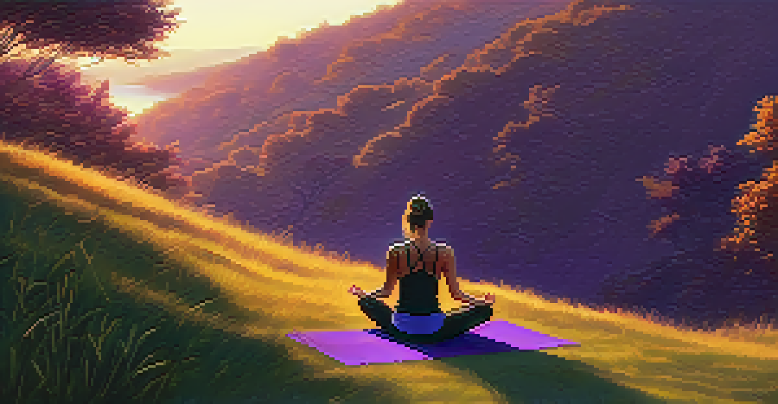 A person practicing yoga on a grassy hill during sunset, surrounded by trees and a small stream, exuding tranquility.