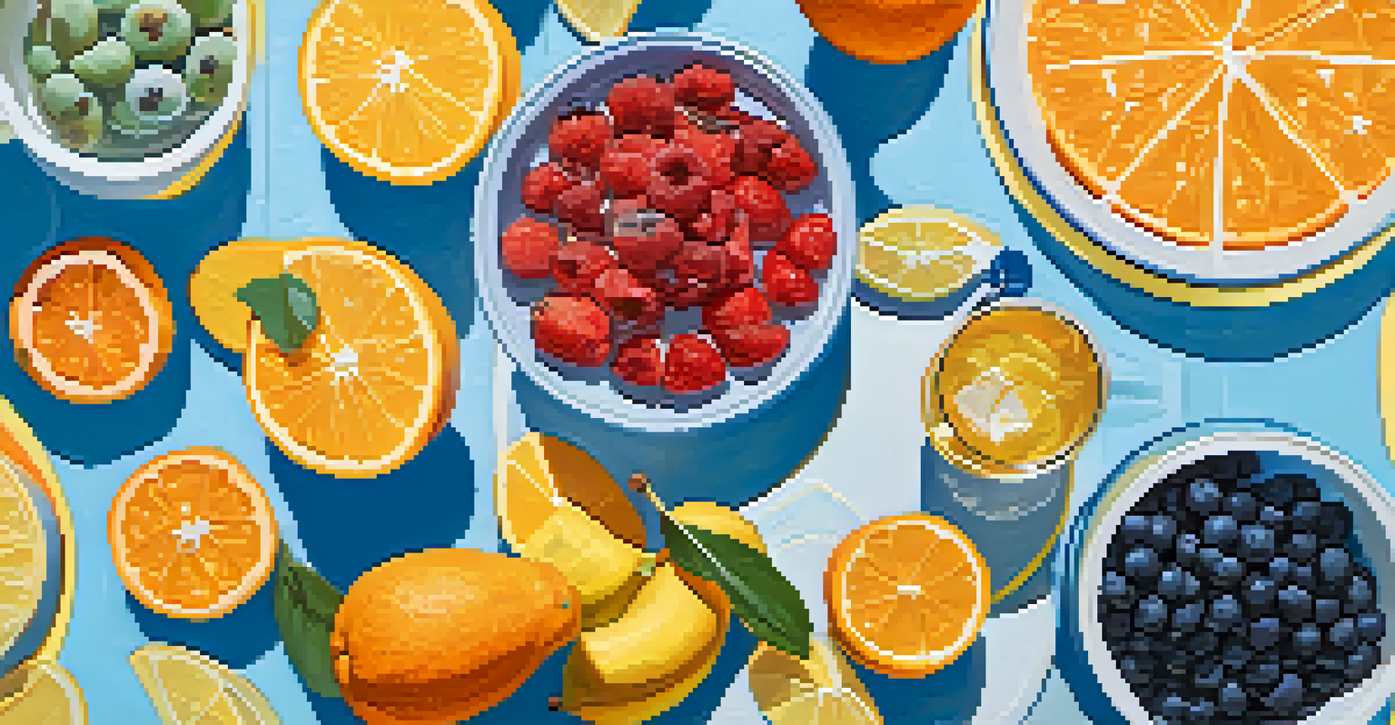 Overhead view of a hydration station with water, electrolyte drinks, and fresh fruits on a bright tablecloth.