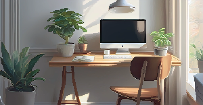 A peaceful workspace with a laptop, plant, and cup of tea in soft morning light.