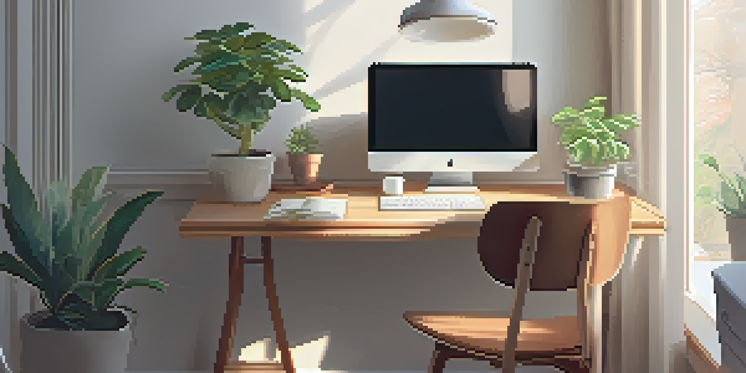 A peaceful workspace with a laptop, plant, and cup of tea in soft morning light.