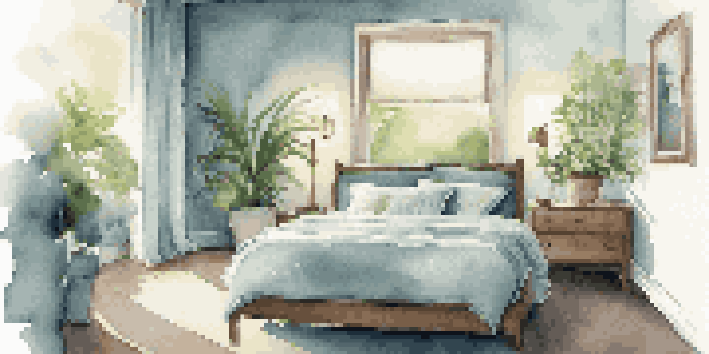 A peaceful bedroom setting with a cozy bed, soft linens, and calming colors, designed for sleep.