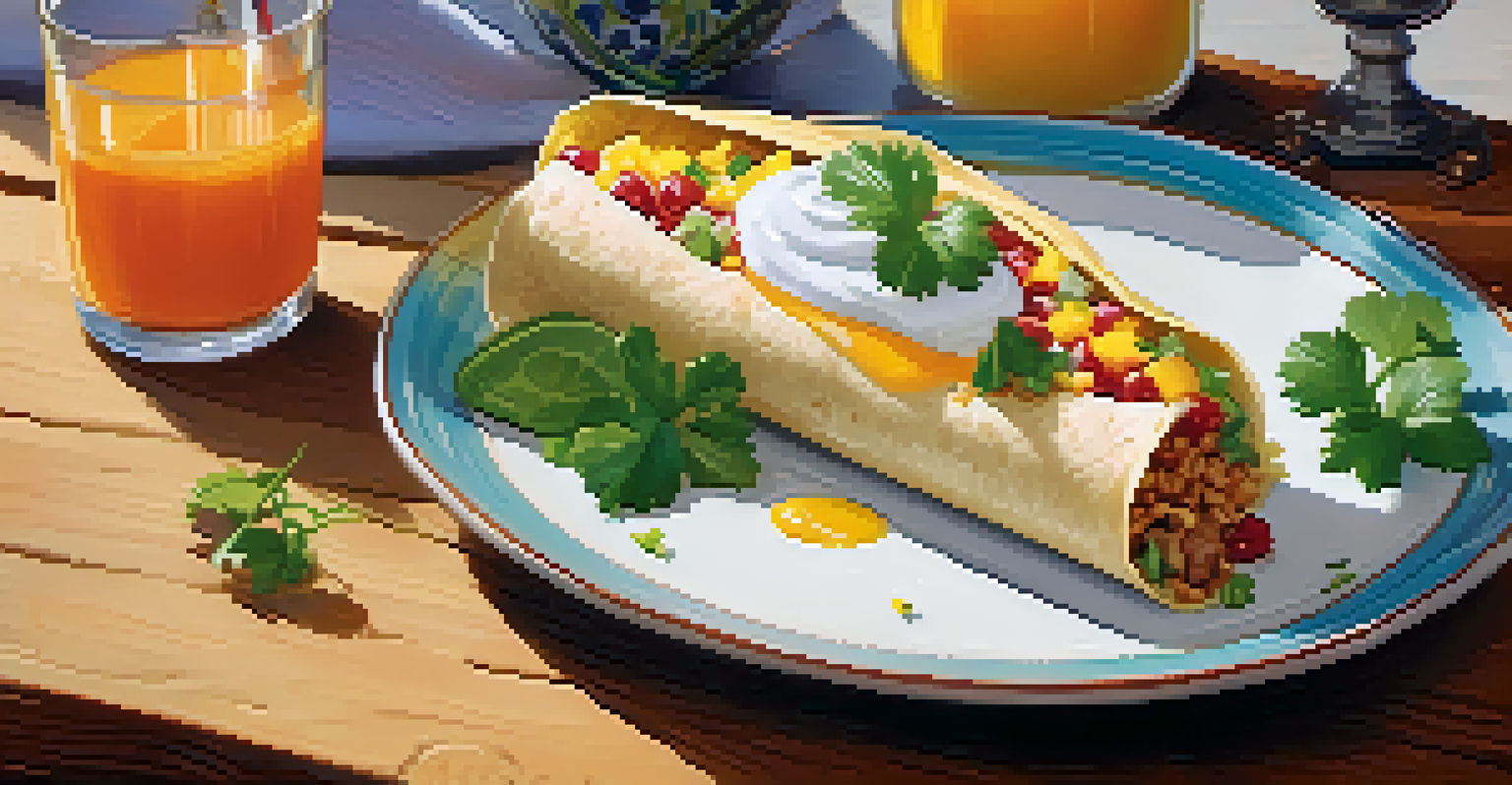 A plated breakfast burrito with sour cream and berries on a rustic wooden table.