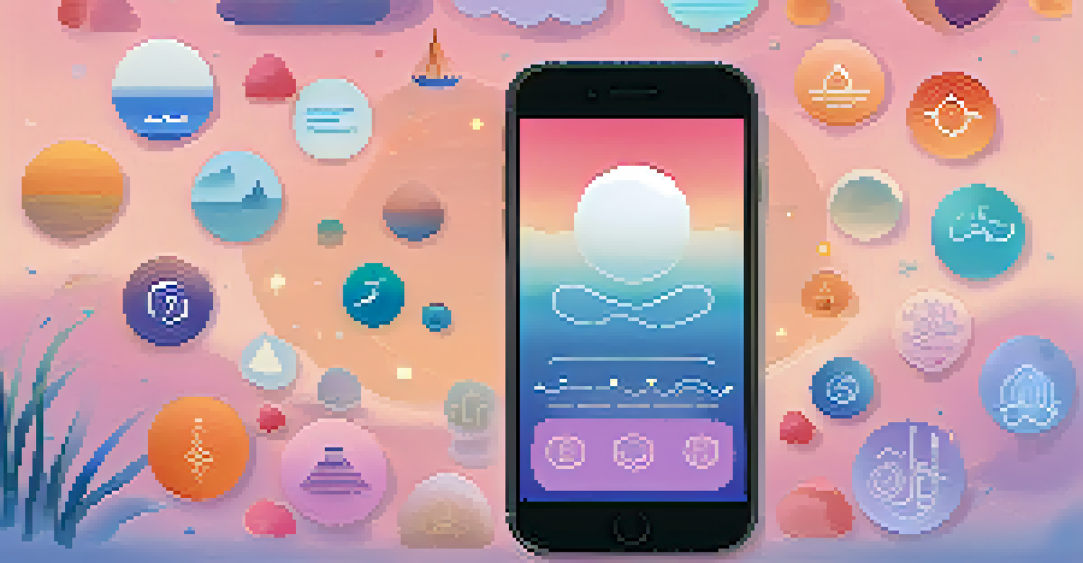 A smartphone screen displaying a meditation app with icons for mindfulness and relaxation, set against a calming color gradient background.