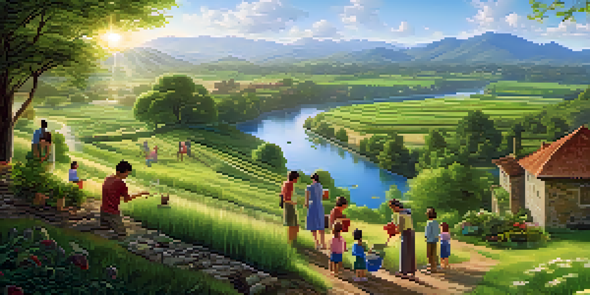 A vibrant landscape with people gardening and enjoying nature, highlighting a clean environment.