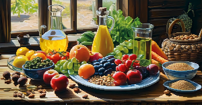 A colorful plate filled with fresh Mediterranean diet foods such as fruits, vegetables, and nuts, arranged on a wooden table.