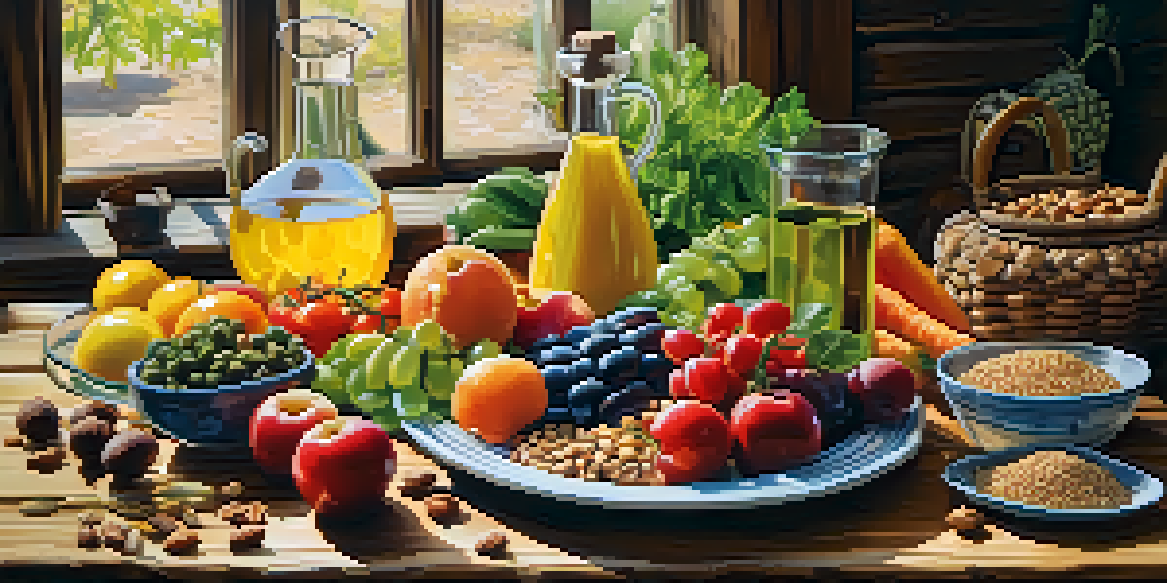 A colorful plate filled with fresh Mediterranean diet foods such as fruits, vegetables, and nuts, arranged on a wooden table.
