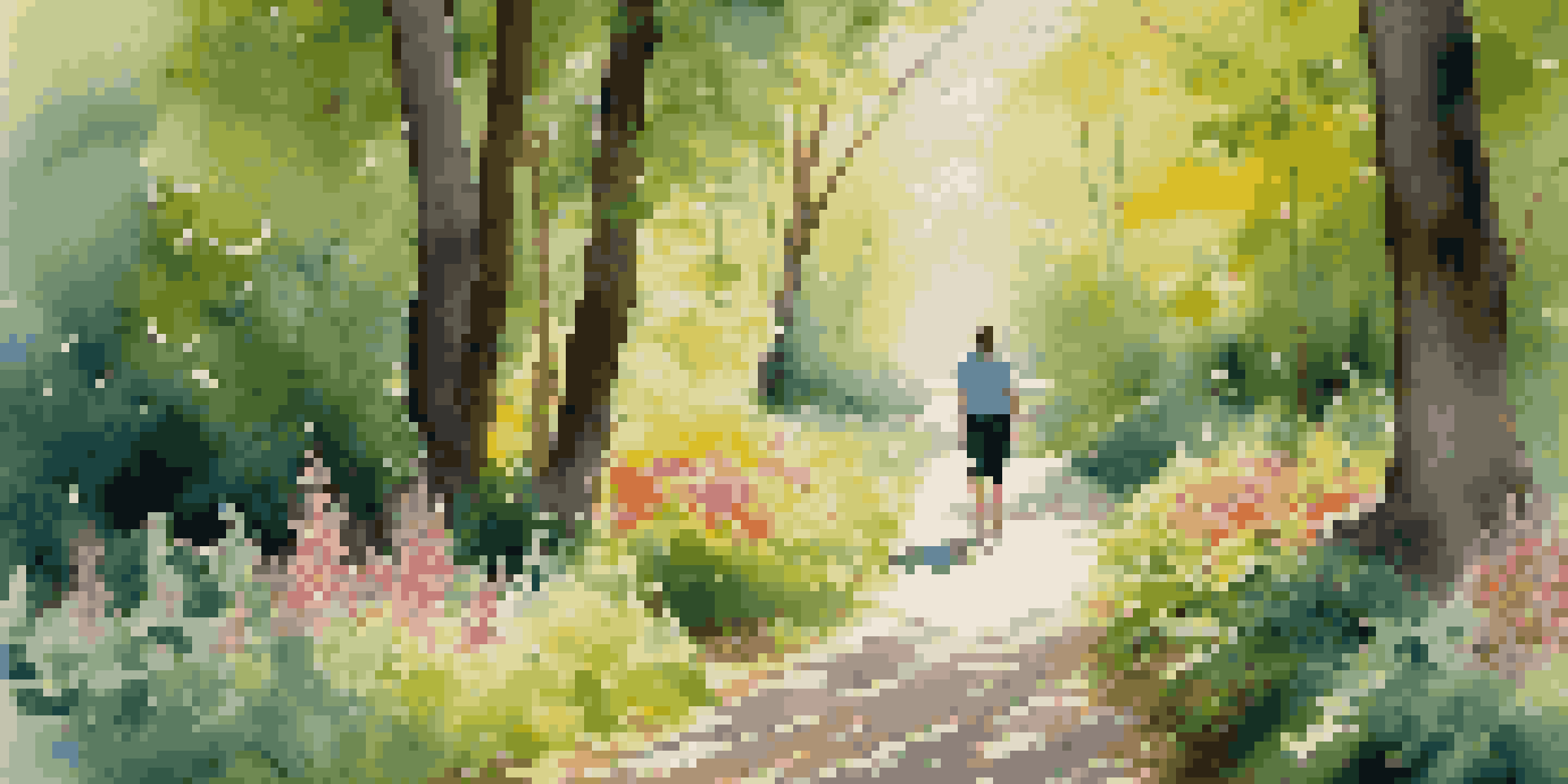 A peaceful forest path with sunlight filtering through trees, showcasing green foliage and blooming flowers, and a person walking.