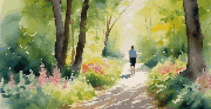 A peaceful forest path with sunlight filtering through trees, showcasing green foliage and blooming flowers, and a person walking.