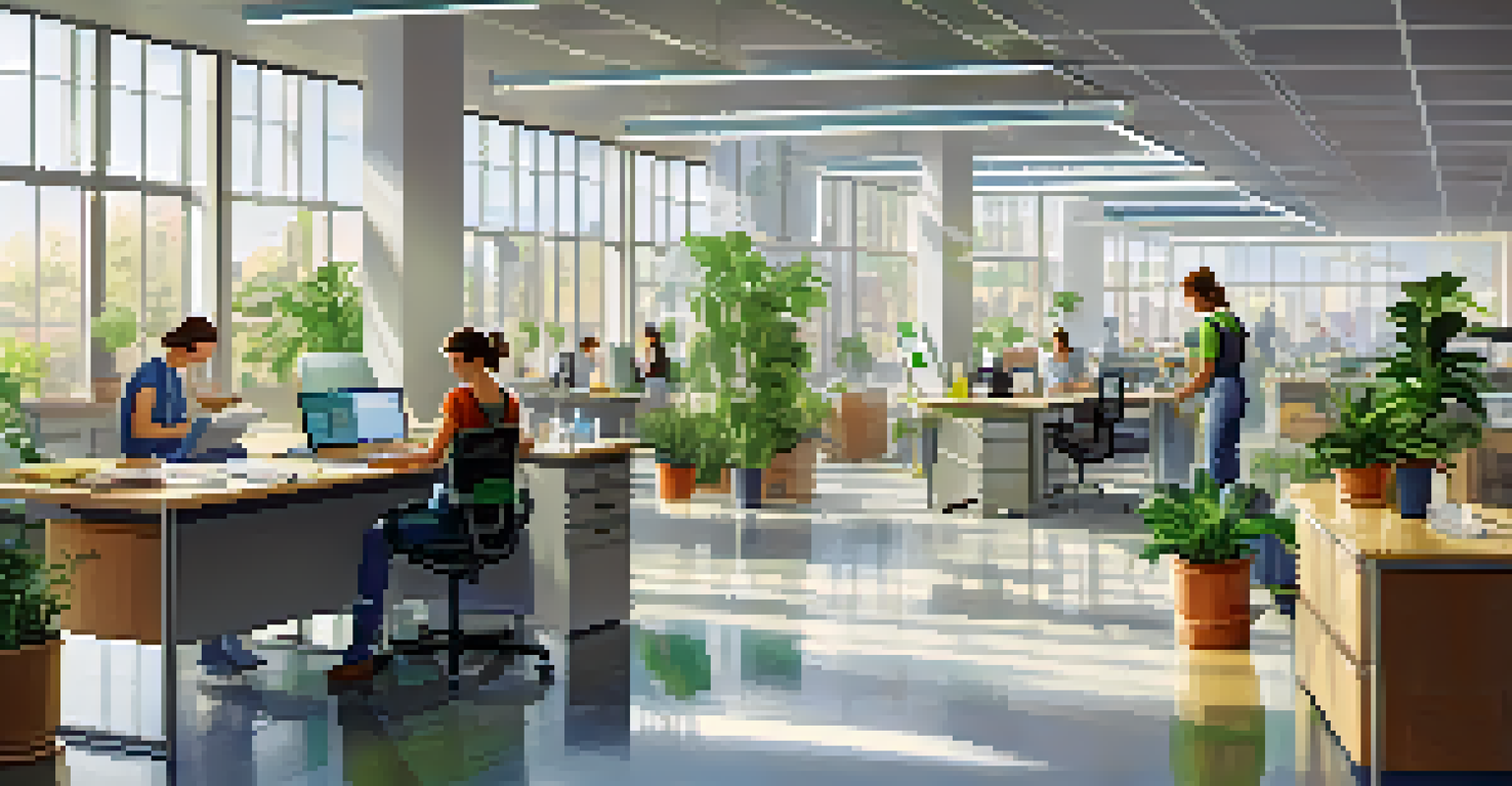 An office environment with employees using environmentally friendly cleaning products, bright lighting, and plants.