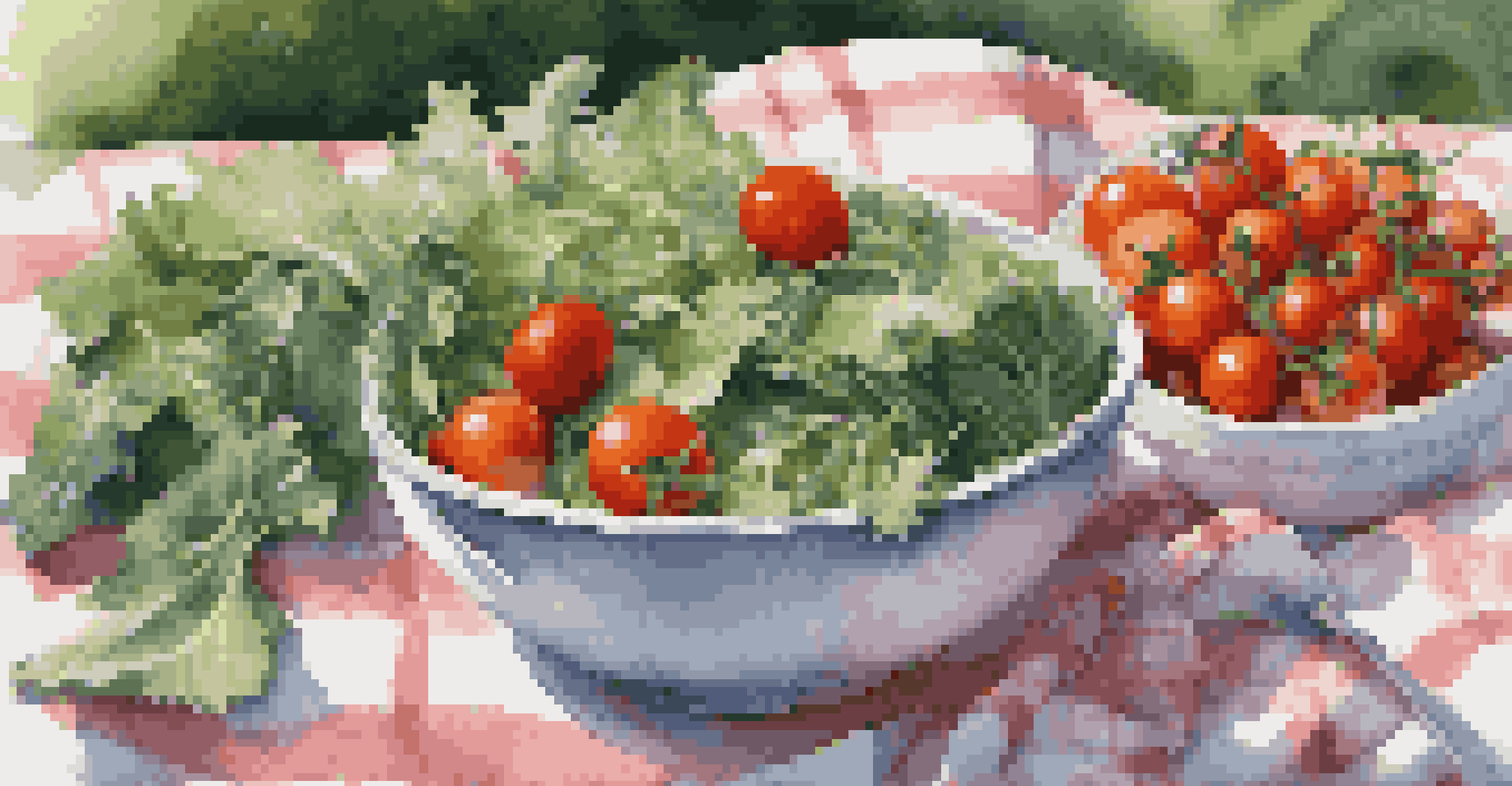 A vibrant salad with leafy greens and tomatoes in a bowl, placed on a picnic blanket on grass under a tree.