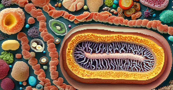 An animated cross-section of a human gut filled with colorful microorganisms working together, surrounded by food particles.