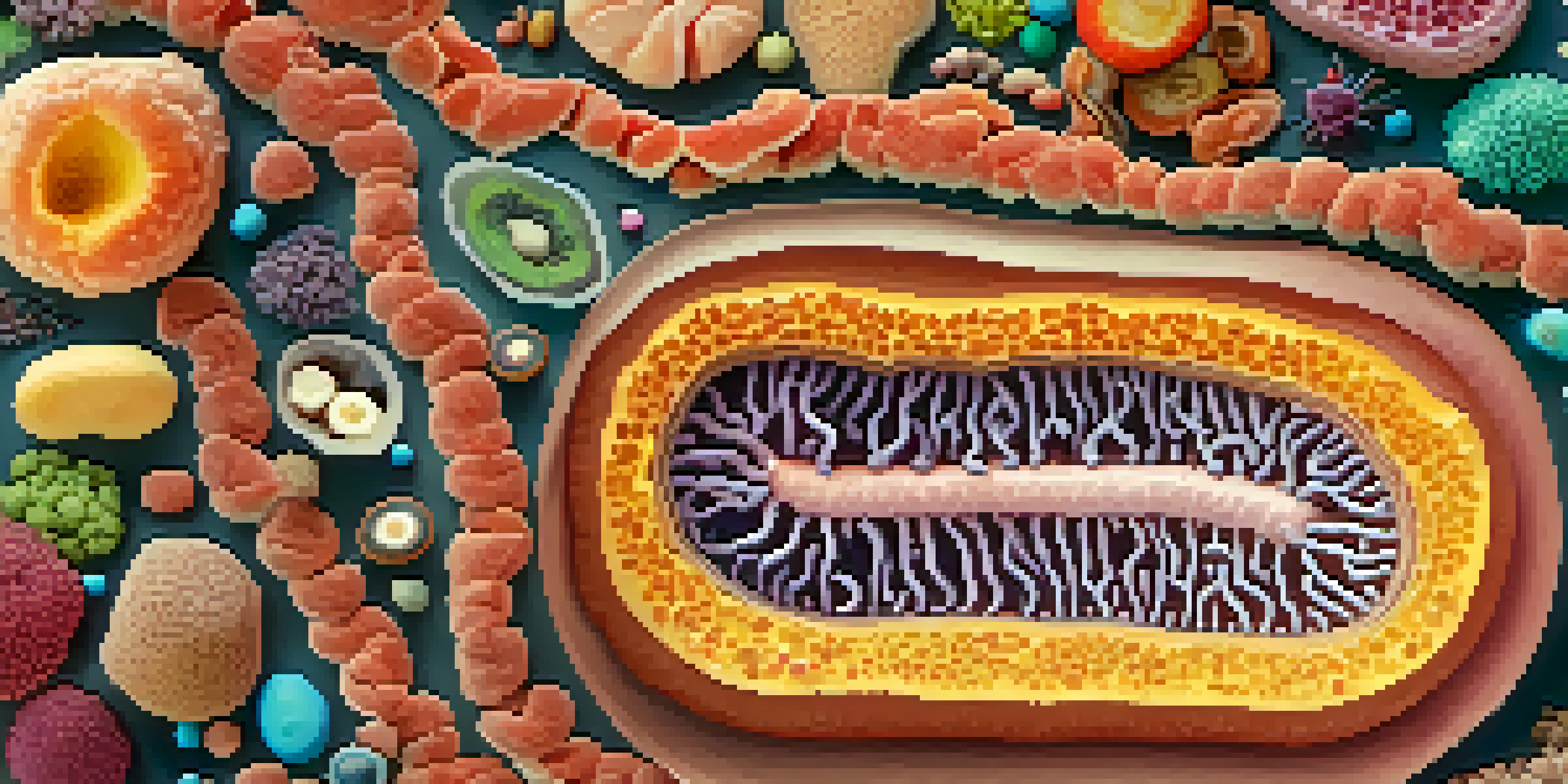 An animated cross-section of a human gut filled with colorful microorganisms working together, surrounded by food particles.