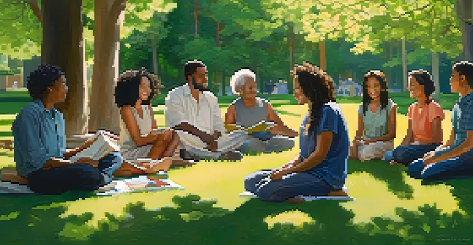 A diverse group of individuals sitting in a circle in a sunny park, engaged in conversation and sharing experiences, surrounded by flowers and trees.