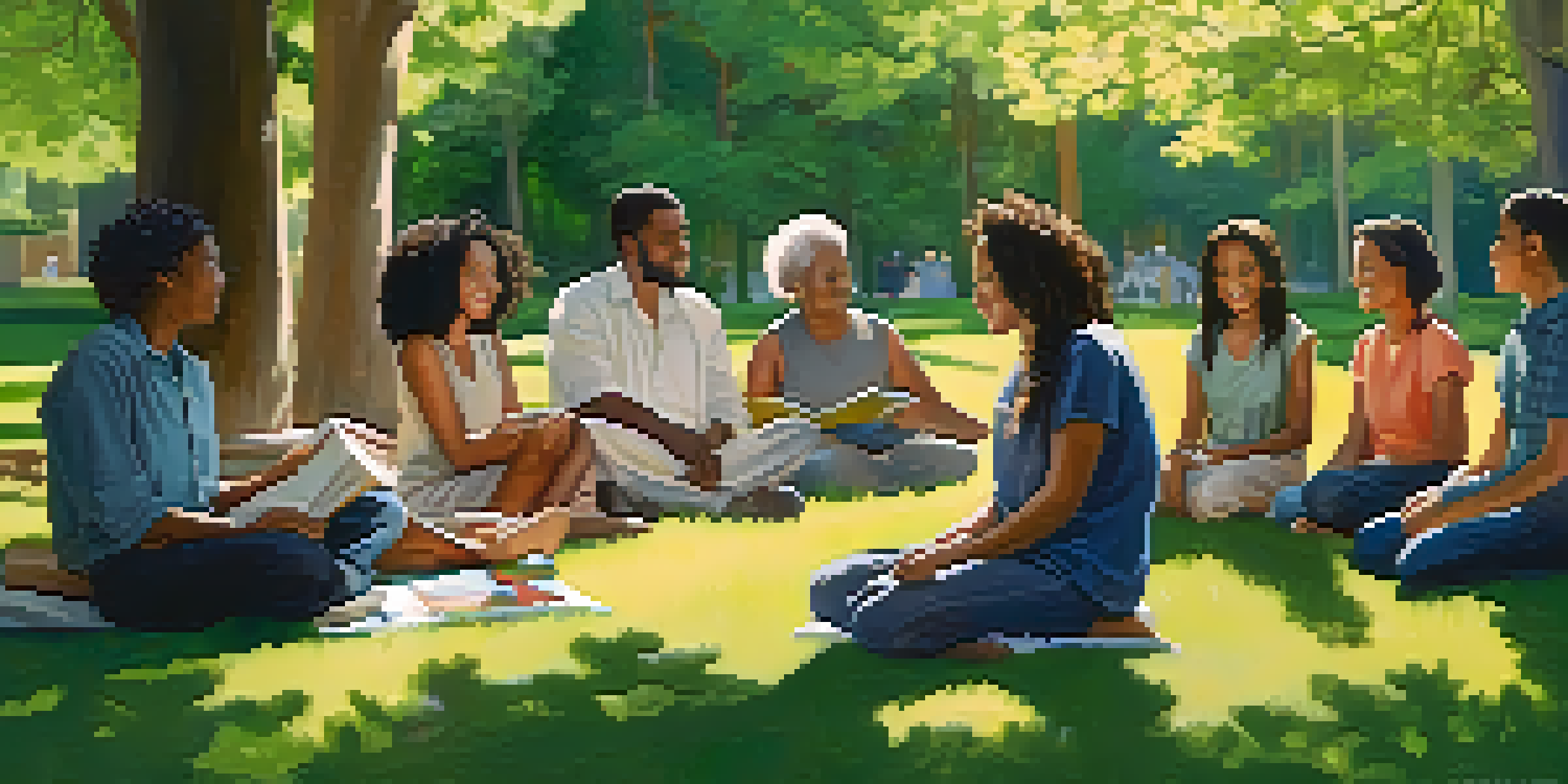 A diverse group of individuals sitting in a circle in a sunny park, engaged in conversation and sharing experiences, surrounded by flowers and trees.