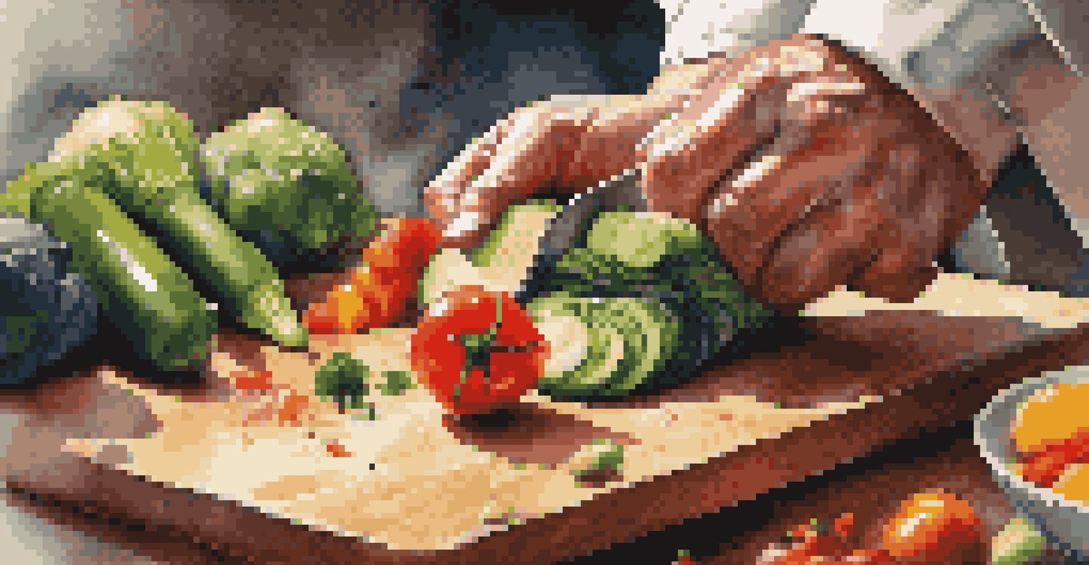 A chef's hands chopping fresh vegetables on a wooden cutting board, with colorful ingredients in the background.