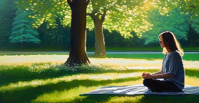 A person meditating in a peaceful park surrounded by flowers and trees, with sunlight filtering through the leaves.