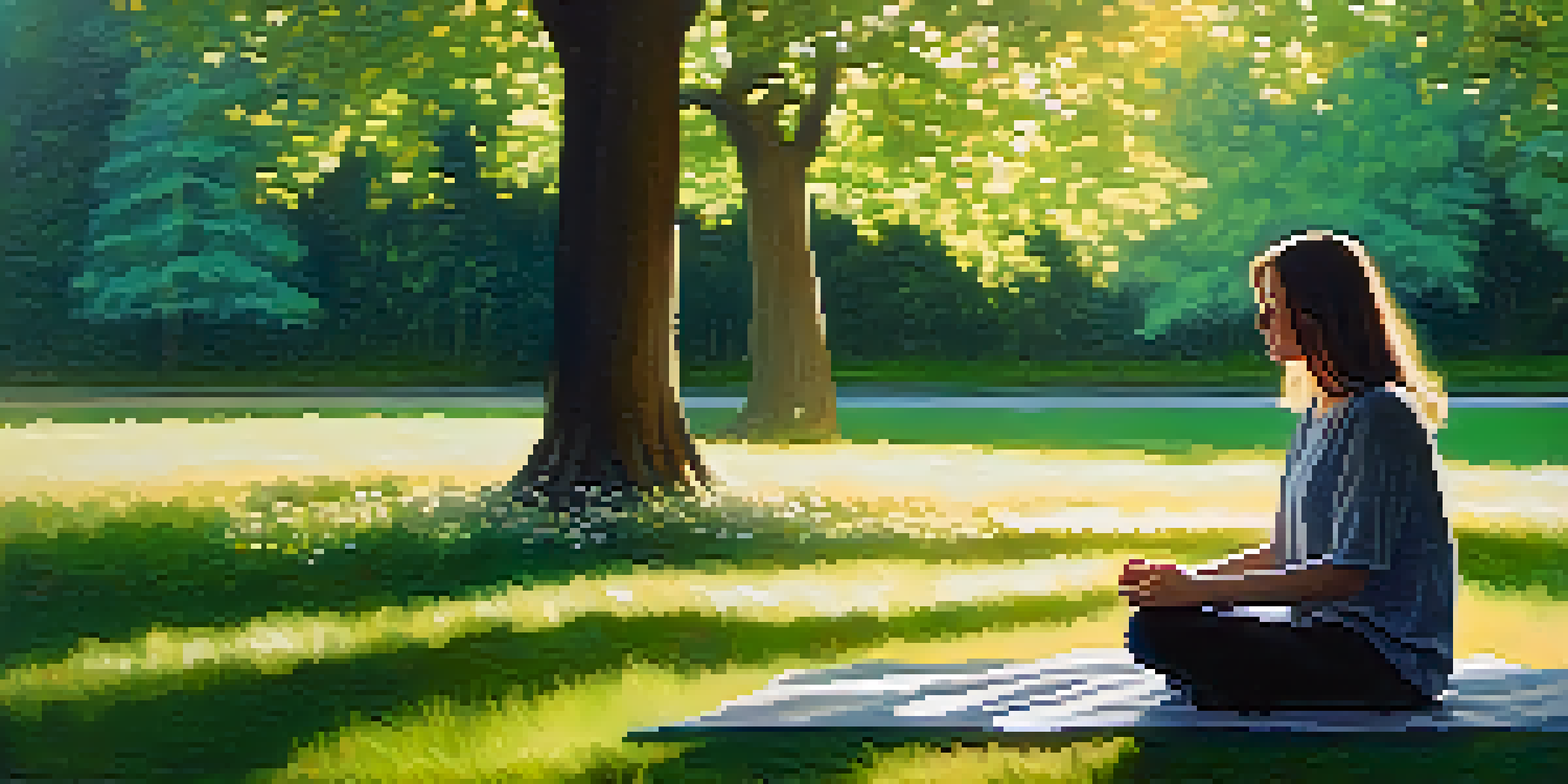 A person meditating in a peaceful park surrounded by flowers and trees, with sunlight filtering through the leaves.