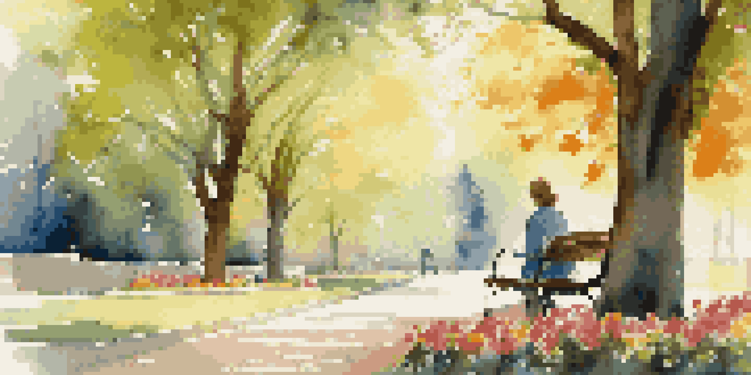 A person sitting on a bench in a park, reading a book surrounded by colorful flowers and trees, under warm sunlight.