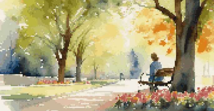 A person sitting on a bench in a park, reading a book surrounded by colorful flowers and trees, under warm sunlight.